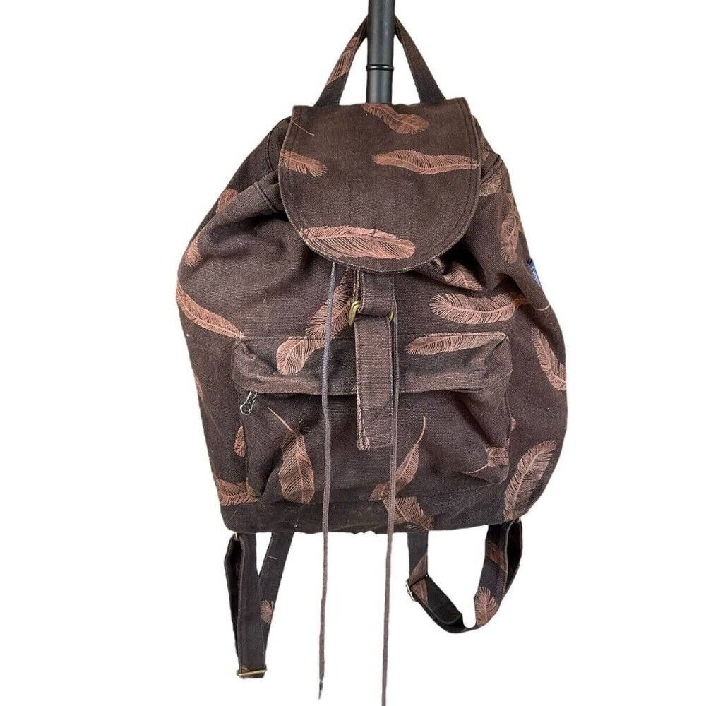 BAGGU  Black/Brown Feathers 100% Recycled Cotton Canvas Drawstring Backpack
